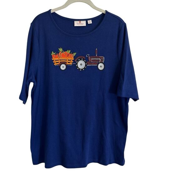 Quacker Factory Blue Embroidered Embellished Knit Fall Halloween Shirt Top Large - Picture 10 of 10
